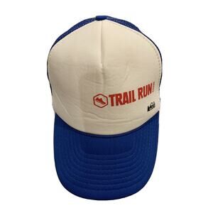 Vtg Nissin REI CO-OP Trail Run Series White Blue Trucker Hat Baseball Cap